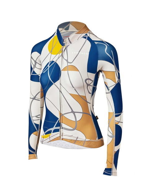 Women's Eclectic Long Sleeve Jersey in abstract design with bold colors, featuring lightweight fabric and reflective details.