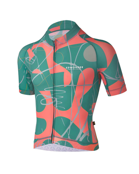 Men's Eclectic Jersey in vibrant green and coral design, featuring lightweight fabric and a race fit for cycling.