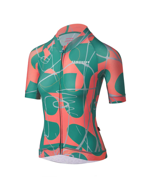 Women's Eclectic Jersey in vibrant pink and green, featuring lightweight fabric and 360 hem for comfort and style.