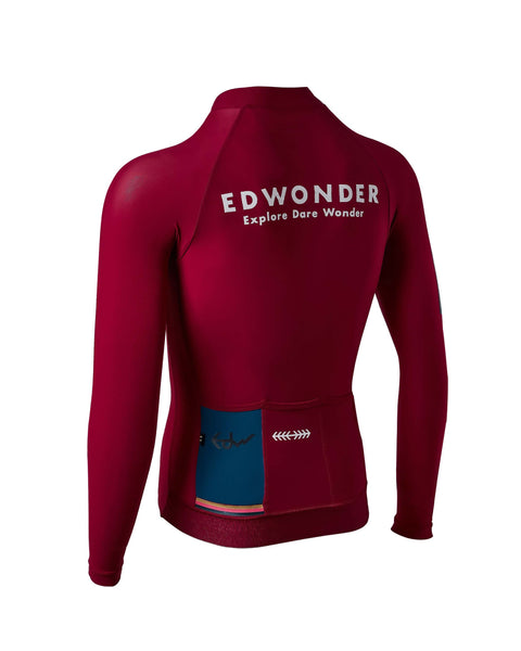 Men's EdW Edition Long Sleeve Jersey 3.0 in Sangria Red, featuring race fit and reinforced pockets.