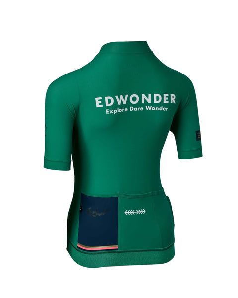 Back view of Women's EdW Edition Jersey 2.0 in Pine Green, featuring logo and rear pockets.