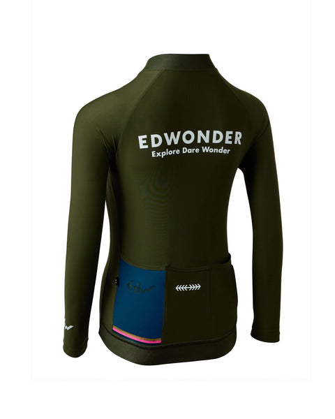 Women's EdW Edition Long Sleeve Jersey 2.0 in Sherwood Green with reflective graphics and reinforced pockets.