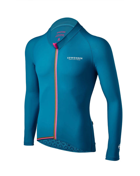 Men's EdW Edition Long Sleeve Jersey 2.0 in Teal Blue, featuring a race fit and reflective graphics for comfort and safety.