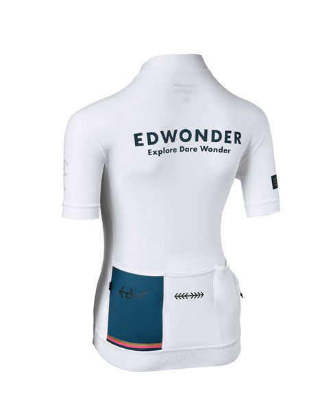 Men's EdW Edition Jersey 2.0 in white with minimalist design, reinforced pockets, and reflective graphics.