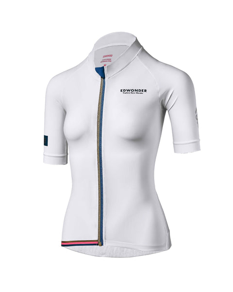 Women's EdW Edition Jersey 2.0 in white, featuring a minimalist design, race fit, and reflective graphics for cycling.