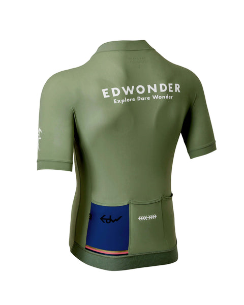 Back view of Men's EdW Edition Jersey 3.0 in Eucalyptus Green, featuring breathable fabric and stylish design.