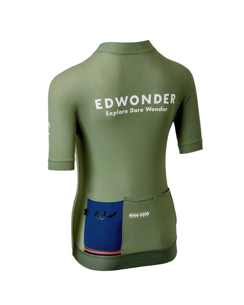 Back view of Women's EdW Edition Jersey 3.0 in Eucalyptus Green with pockets and reflective graphics.