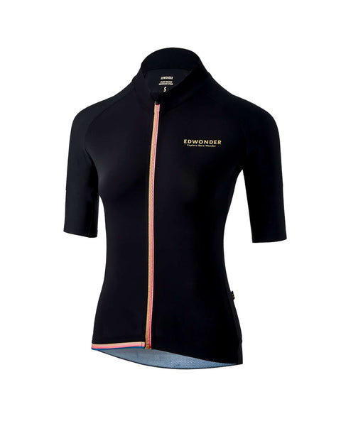 Women's EdW Edition Jersey in black with minimal design, race fit, and reinforced pockets for cycling comfort.
