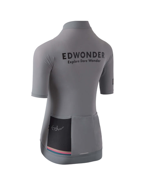 Women's EdW Edition Jersey in Steel Gray, featuring a race fit and reinforced back pockets for cycling comfort.